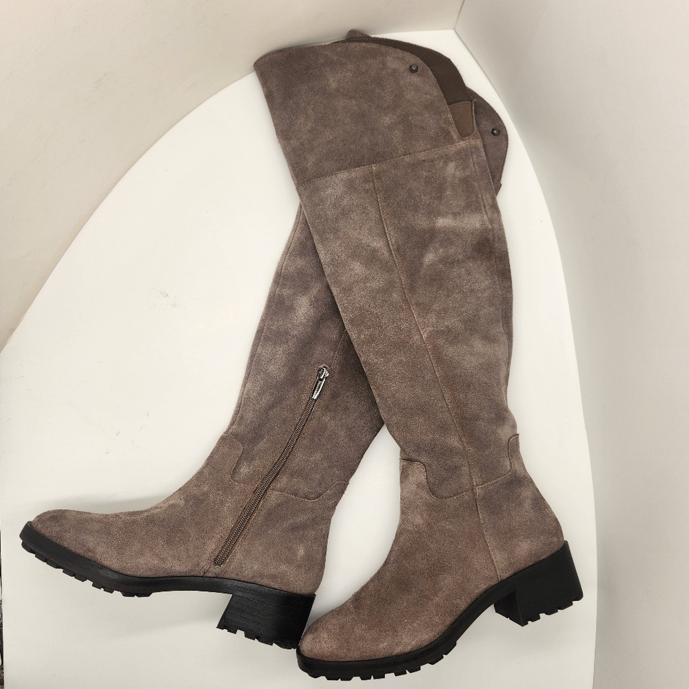 Vince Camuto Over The Knee Boots 6.5 Grey Taupe Suede Jorshie Lug Sole New $220